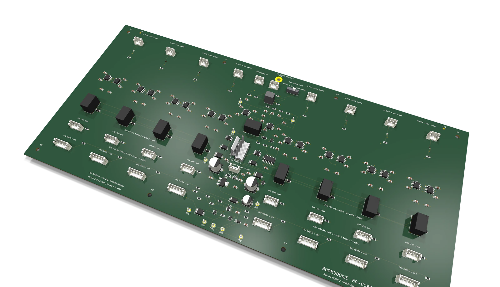 Angled 3D render of the BoomDookie BD-CORE Revision E eight-channel circuit board