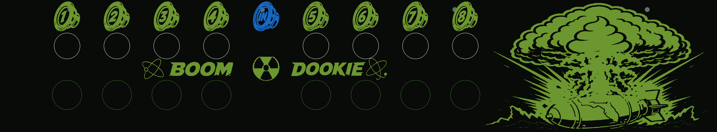 Final registered BoomDookie front-panel artwork proof with green channel drivers one through eight, blue input driver, split wordmark, radiation symbol, and bomb-and-cloud artwork