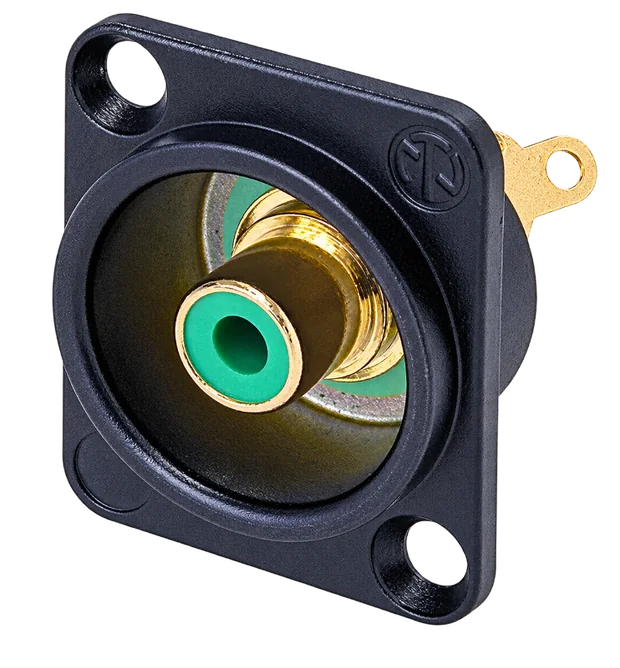 Green Neutrik NF2D-5 isolated RCA connector selected for the BoomDookie outputs